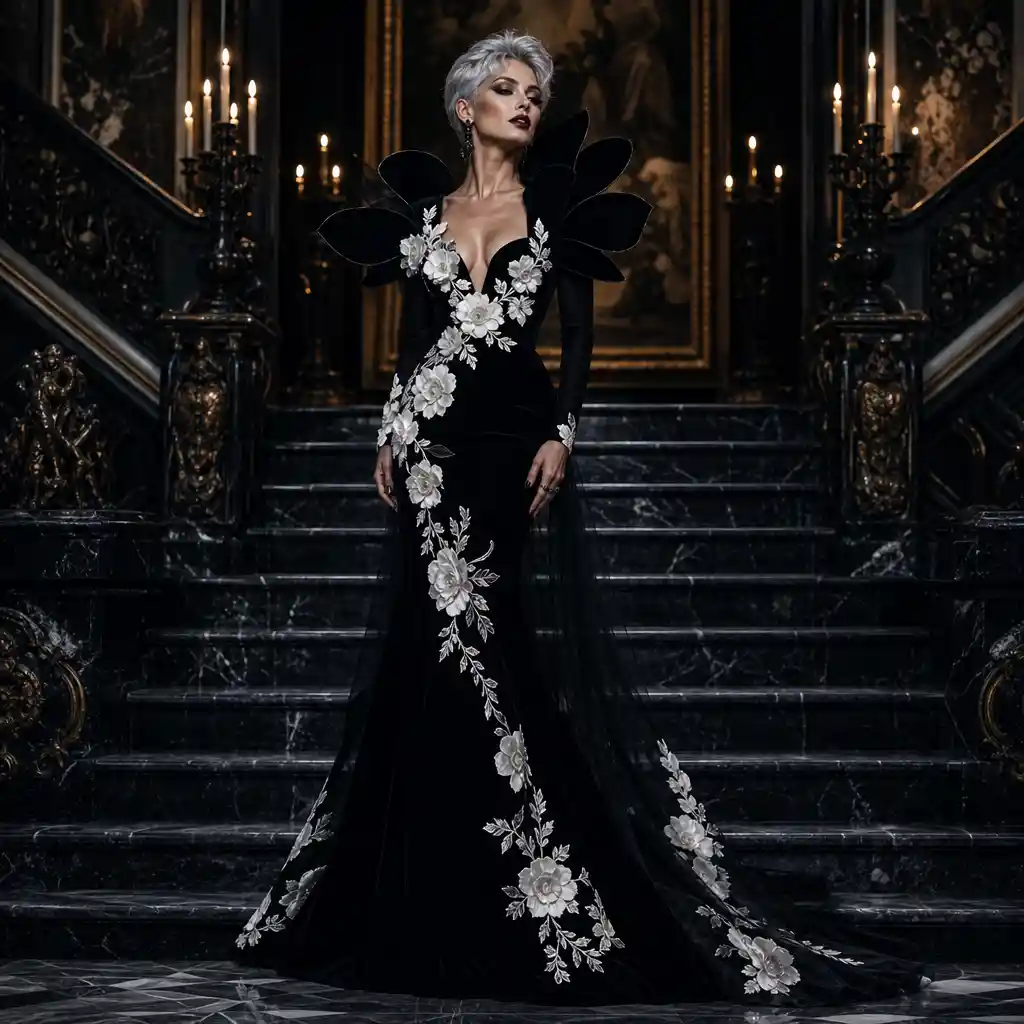 Elegant silver haired woman on gothic mansion staircase