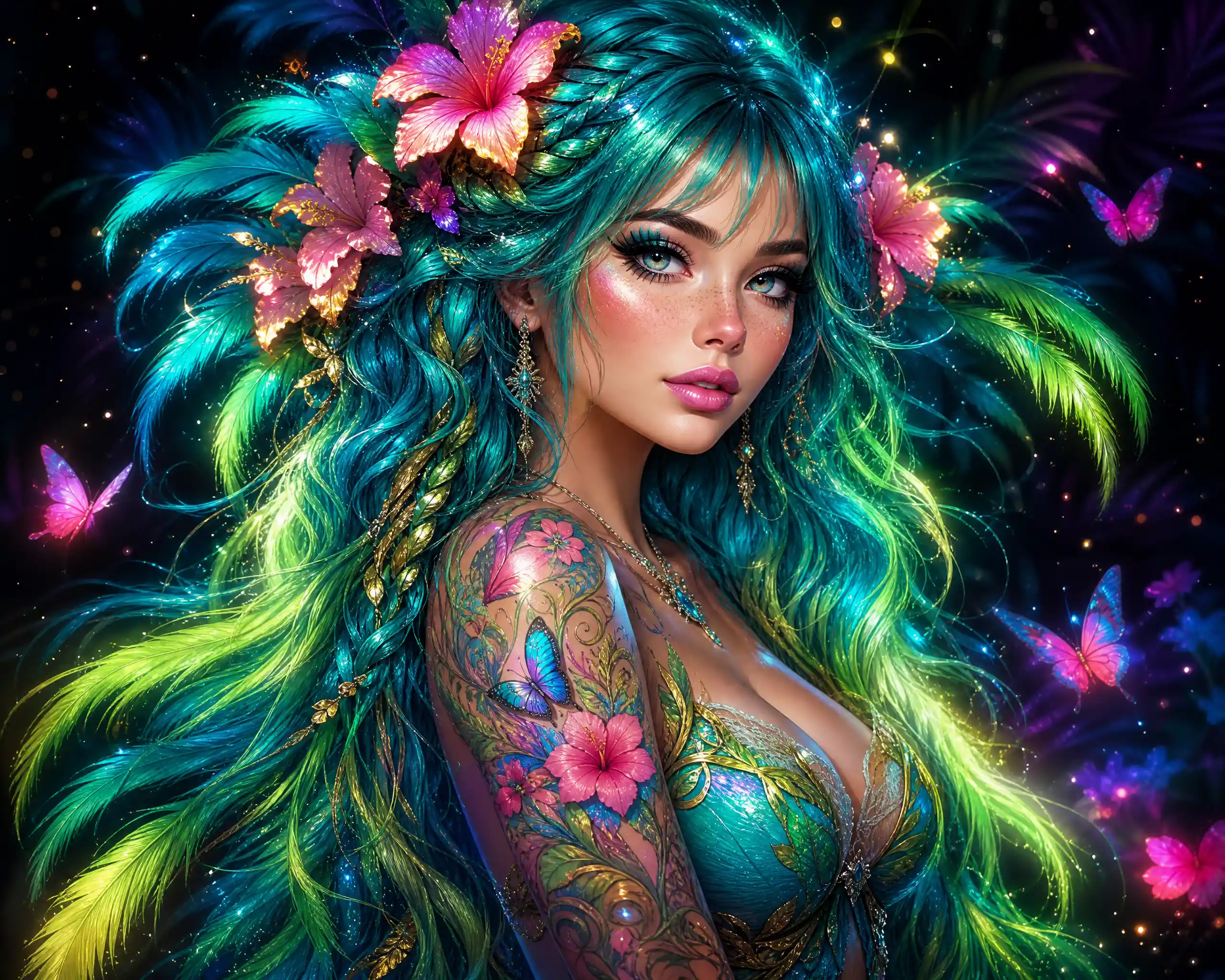 Neon fantasy woman with teal fairy hair and hibiscus flowers