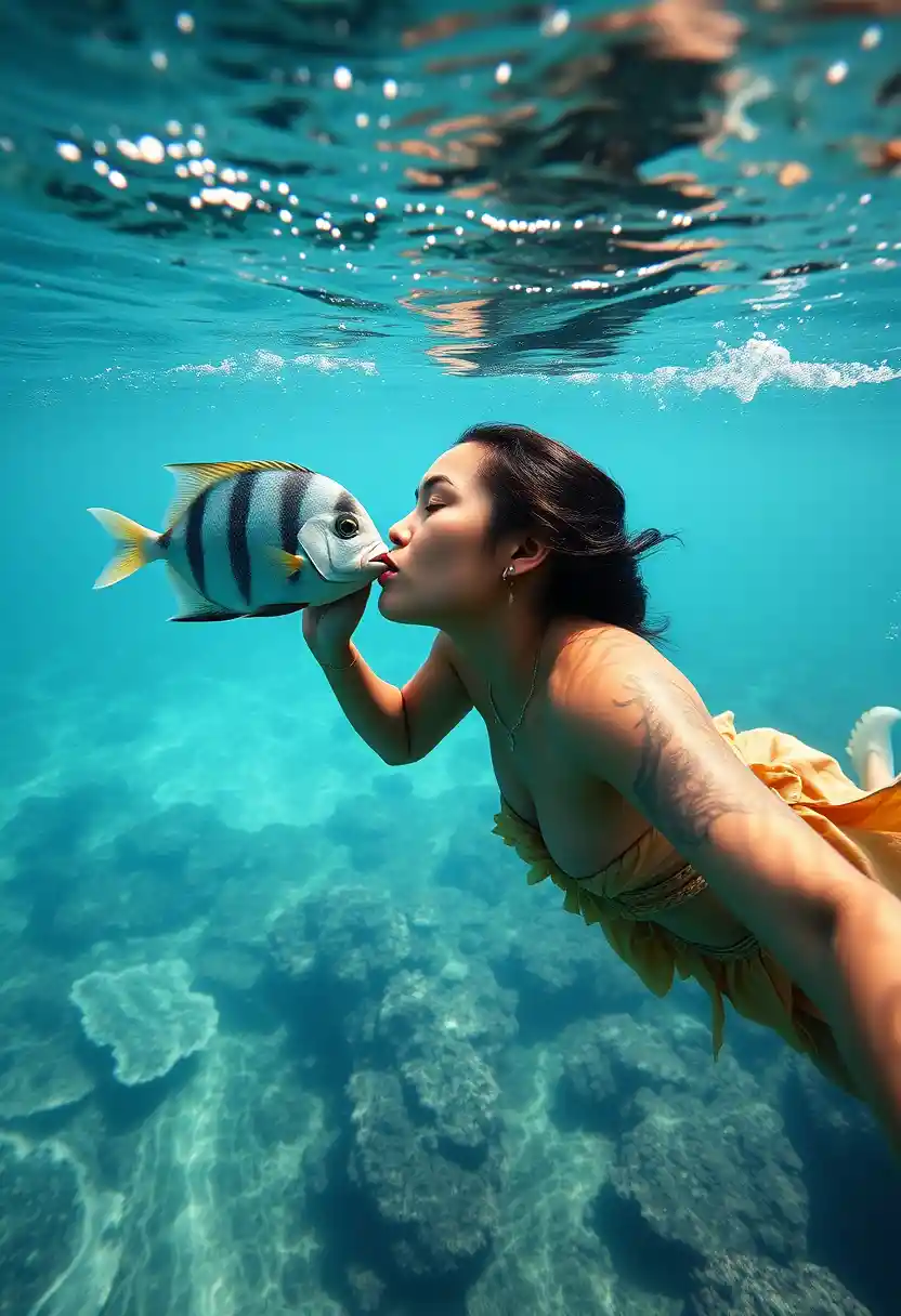 Polynesian woman swimming over coral reef kissing a fish