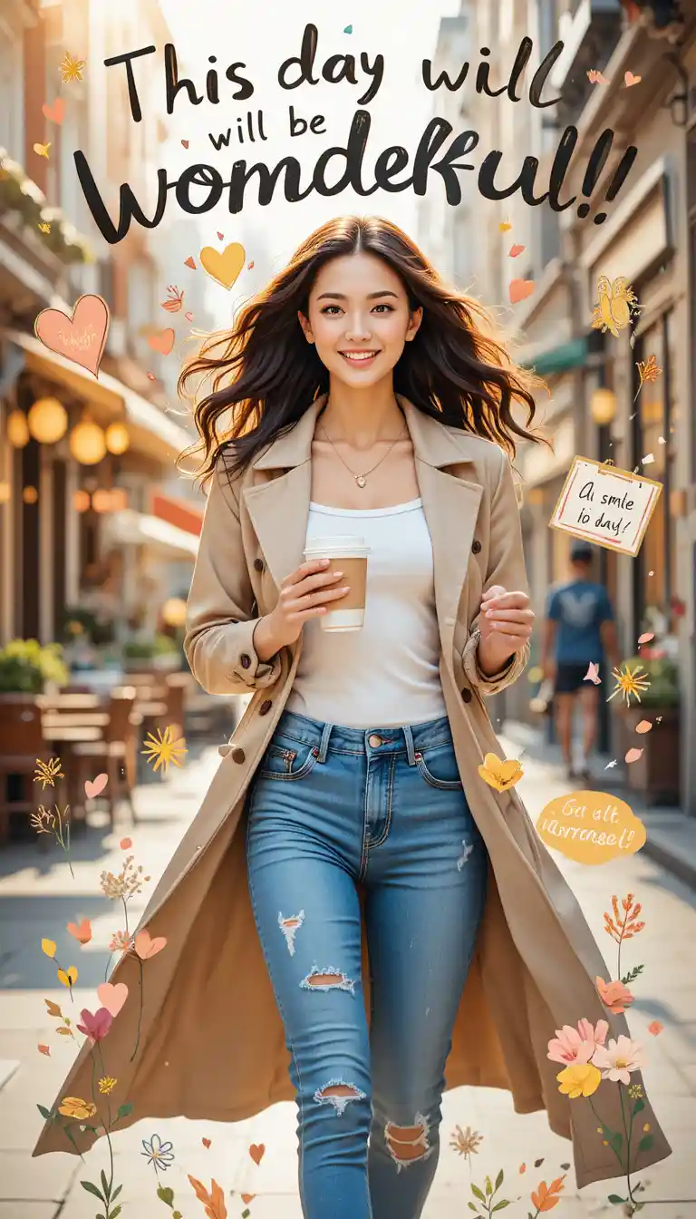 Stylish woman walking city street in warm golden sunlight