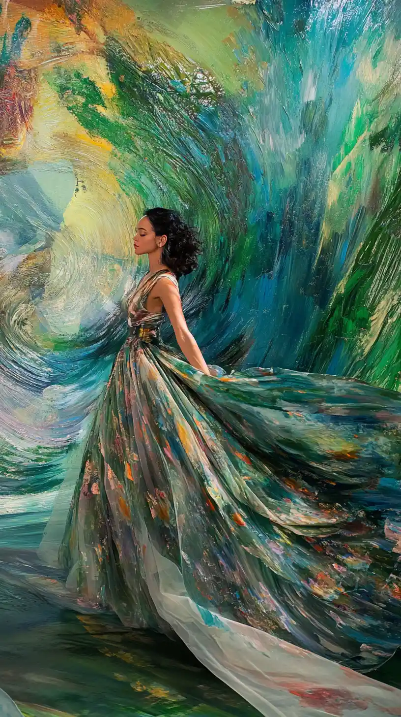 Woman in surreal studio with floating painterly brushstrokes