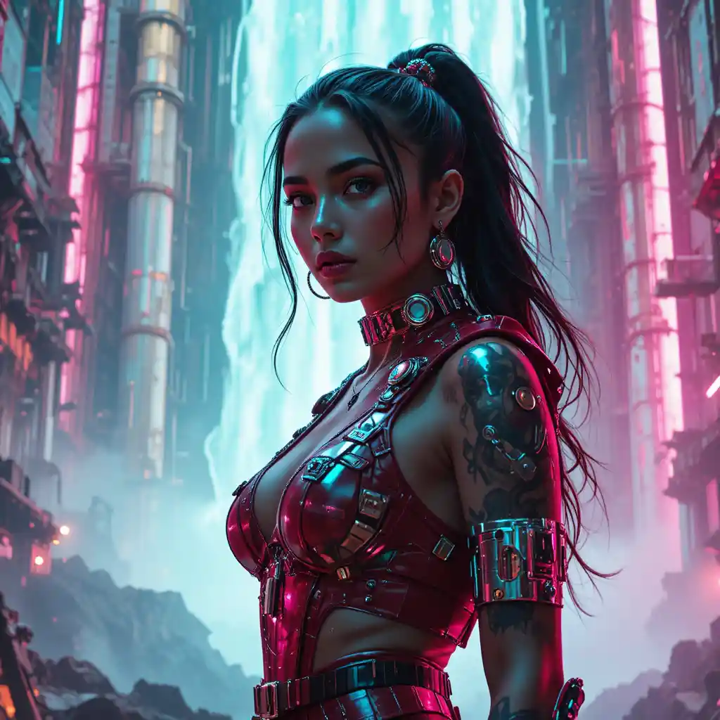 Cyberpunk resistance leader before neon waterfall