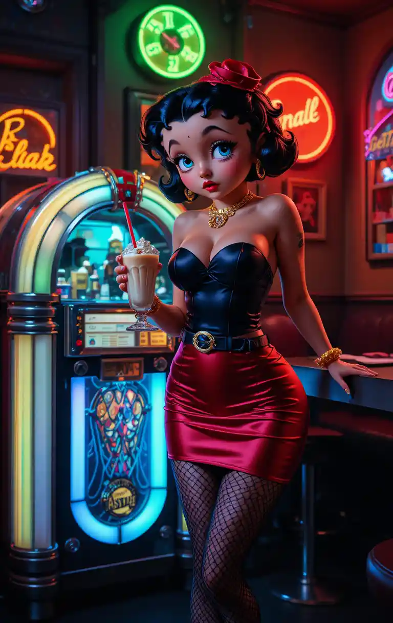 Glamorous pin up woman in a retro neon diner
