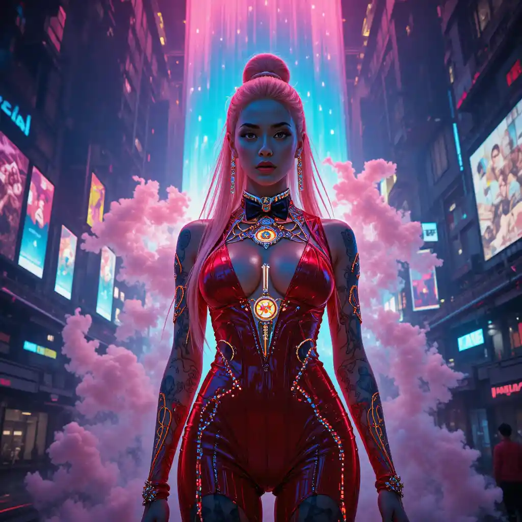 Cyberpunk empress under a colossal neon waterfall