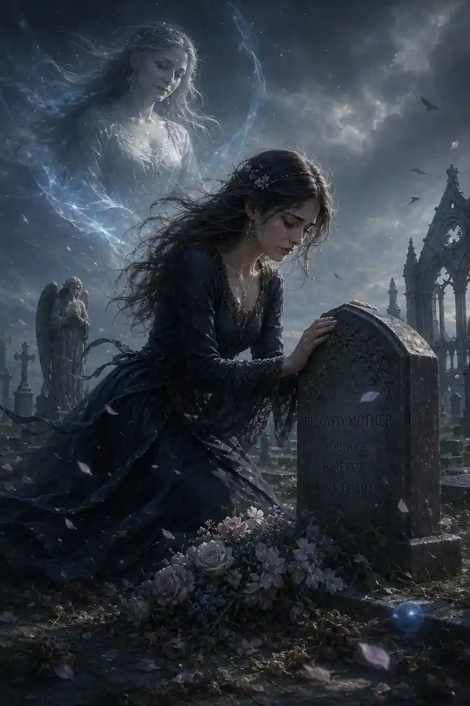 Young woman mourning at a grave in a quiet cemetery