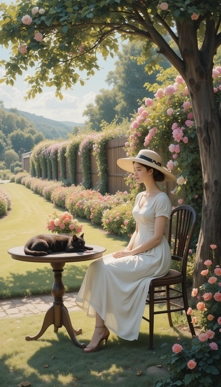 Woman Sitting In Garden Shade With Flowers And Cat