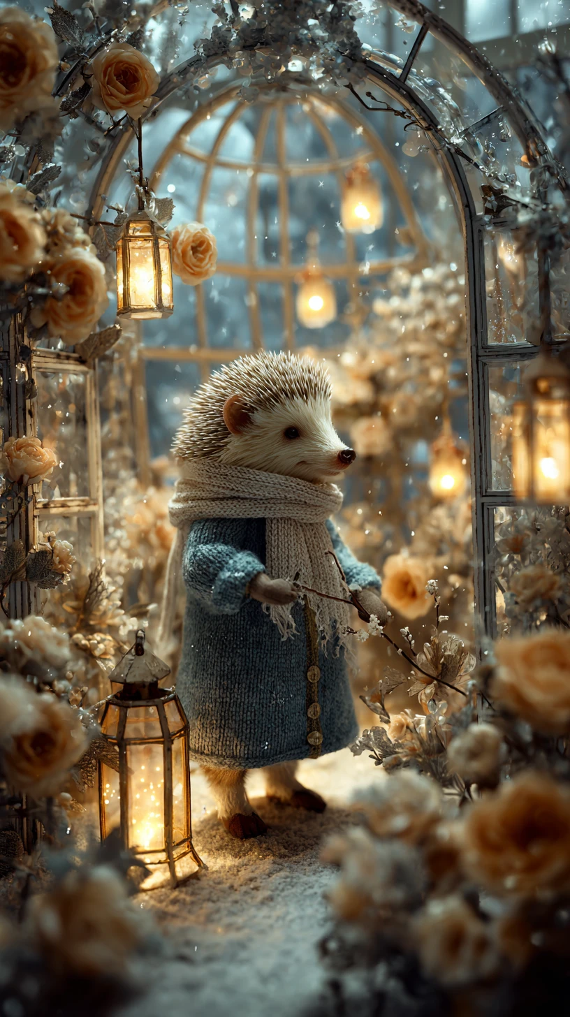 Hedgehog botanist in a winter greenhouse with glowing lanterns