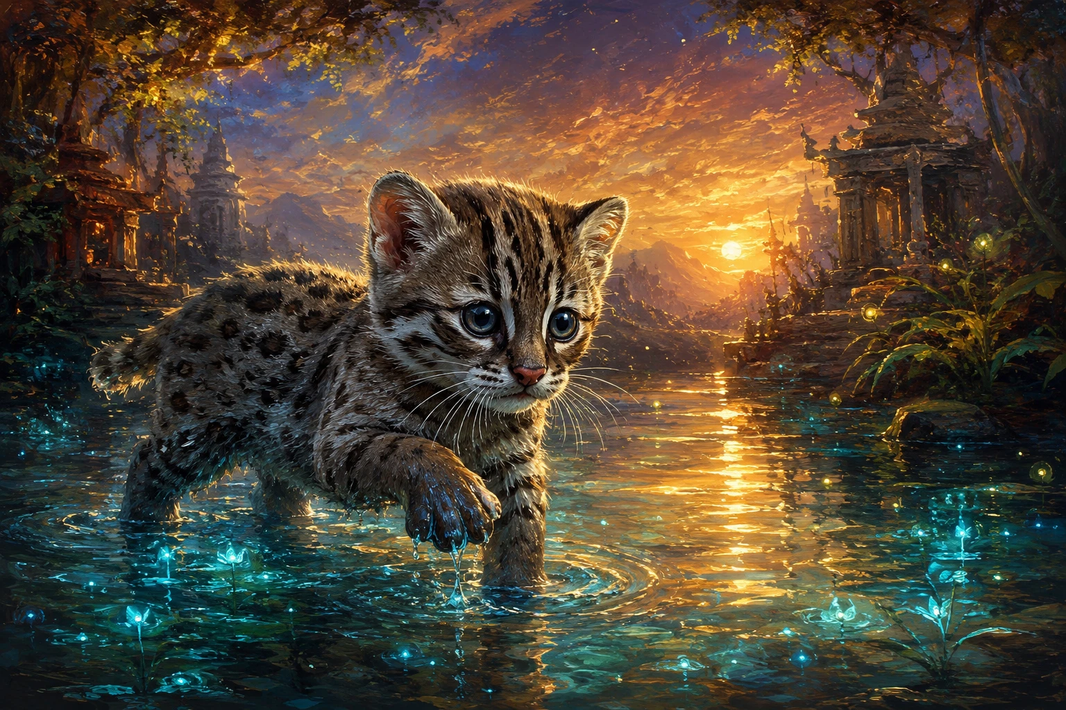 Cute fishing cat kitten in glowing shallow water