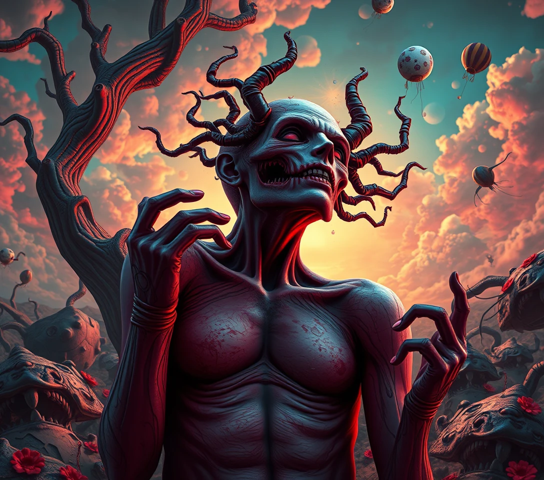 Surreal popsurrealism figure in colorful comic horror scene