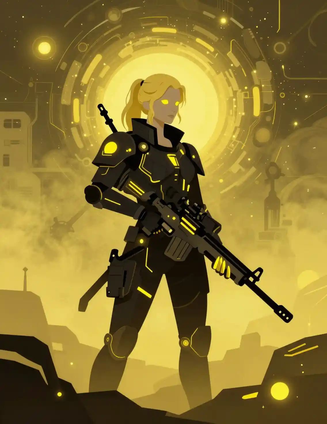 Cybernetic sniper woman in neon armor in deep space