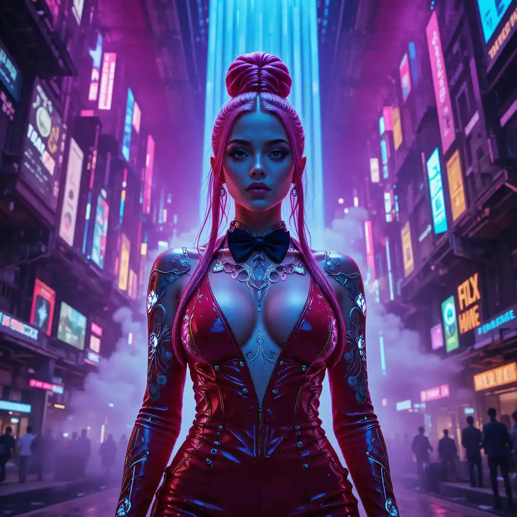 Cyberpunk empress under a colossal neon waterfall