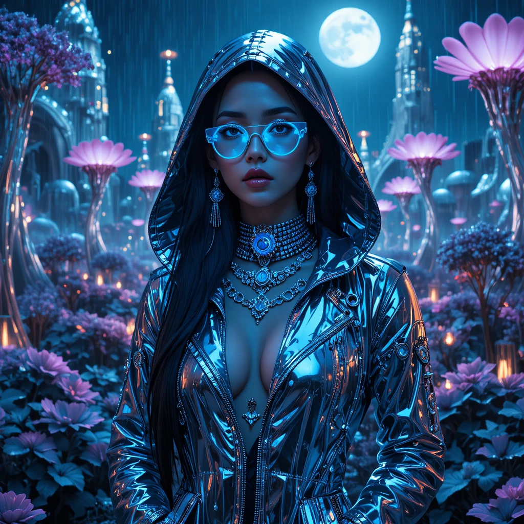 Héroïne cyberpunk dans une cité-jardin au néon argenté la nuit