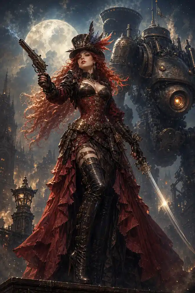 Steampunk warrior woman under a moonlit dystopian sky