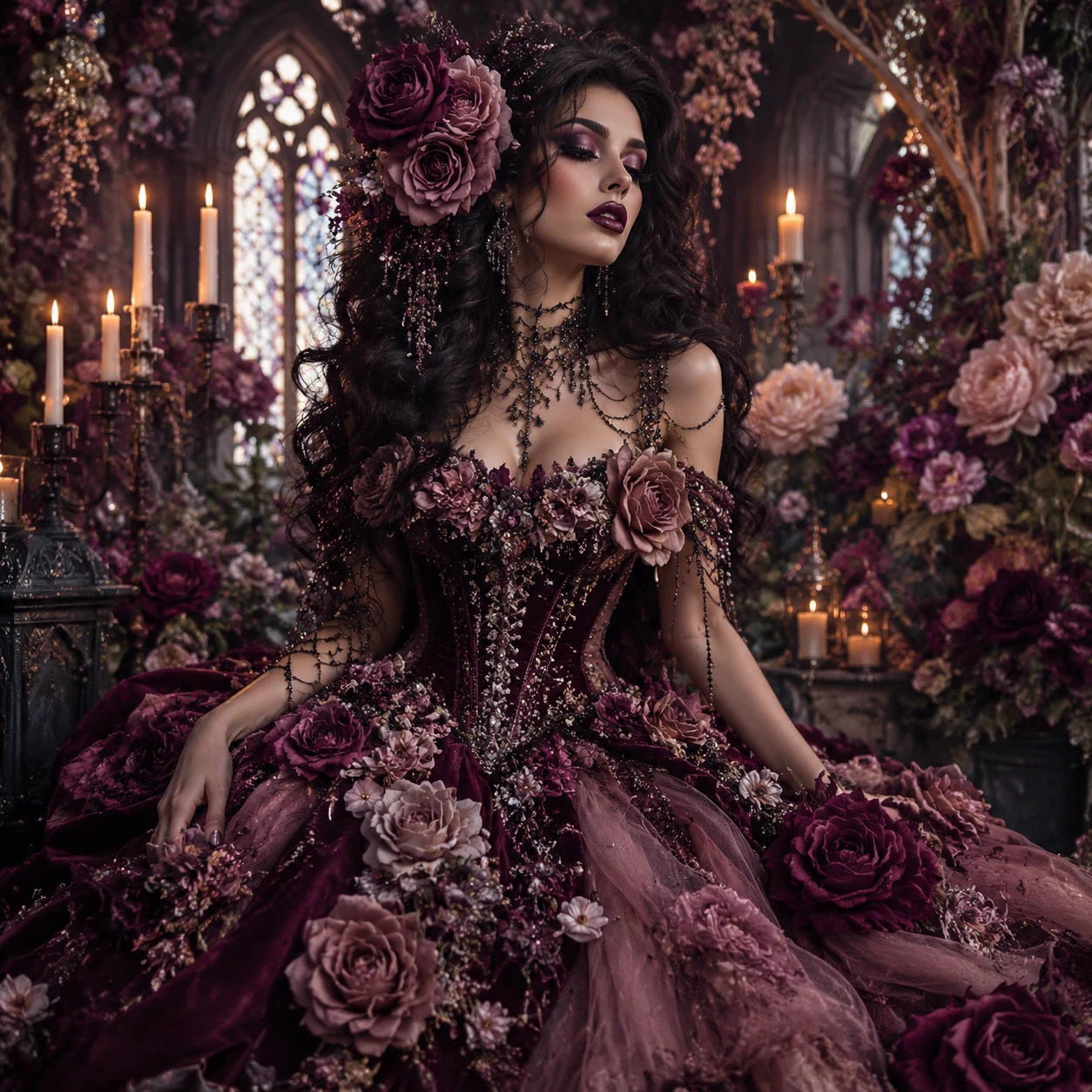 Gothic woman in rose covered corset dress in cathedral garden
