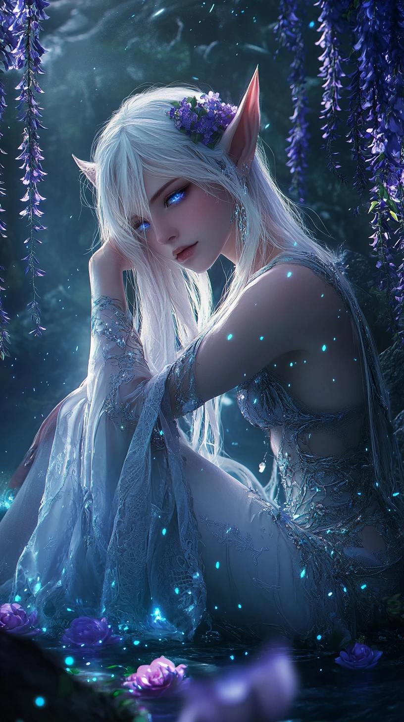 White haired elf girl kneeling amid glowing blue roses