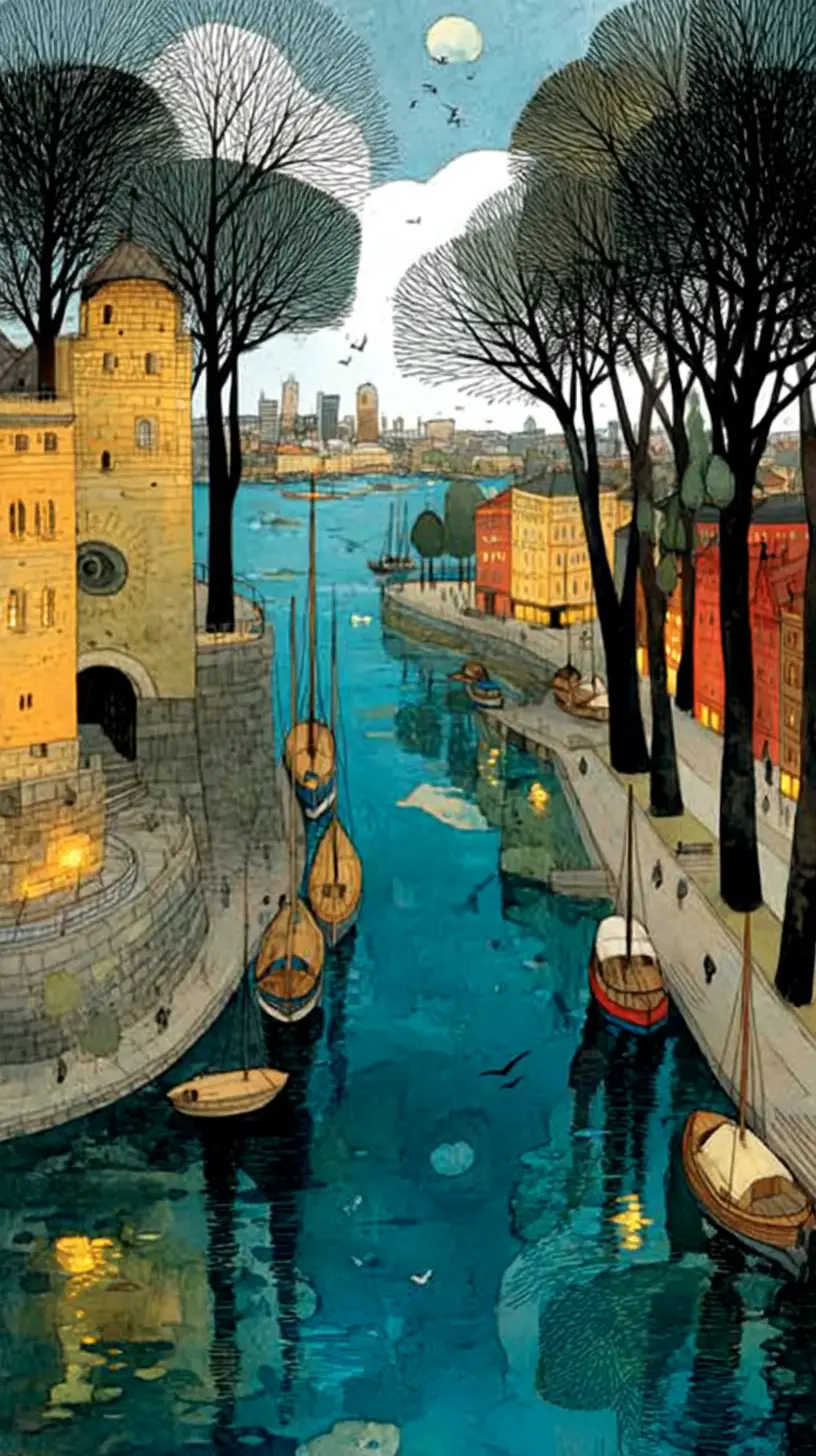 Watercolor view of Oslo harbor and Akershus Fortress