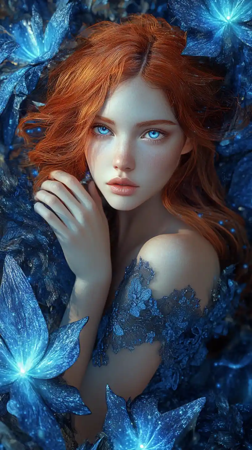 Blue eyed girl with glowing ethereal flowers in garden