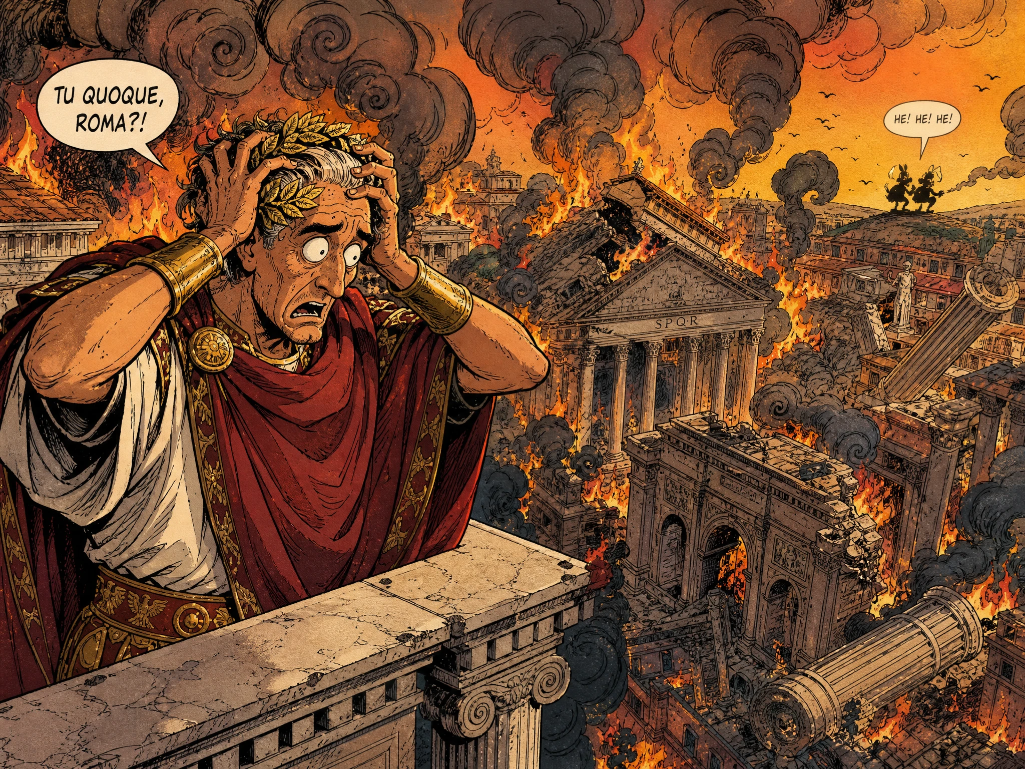 Roman ruler on a balcony above a burning comic book city