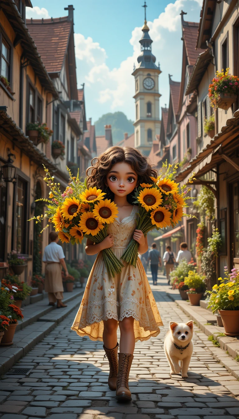 Verspieltes Mädchen mit Sonnenblumen in einer Fantasie-Dorfstraße