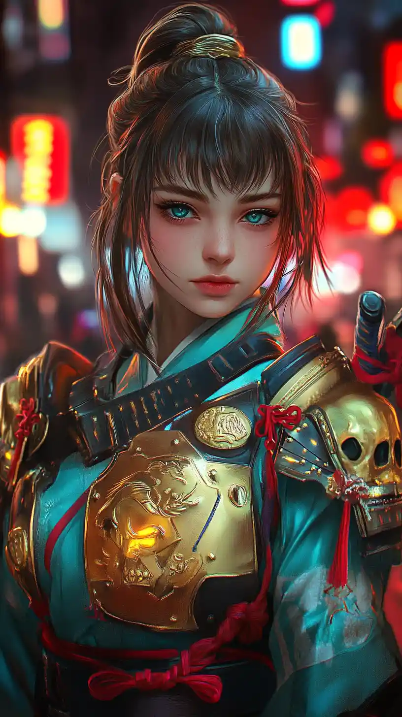 Anime samurai girl in golden armor on neon city street