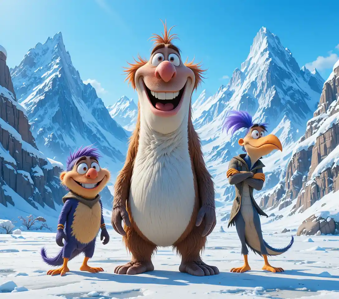 Joyful 3D mammoth and friends in a snowy mountain valley