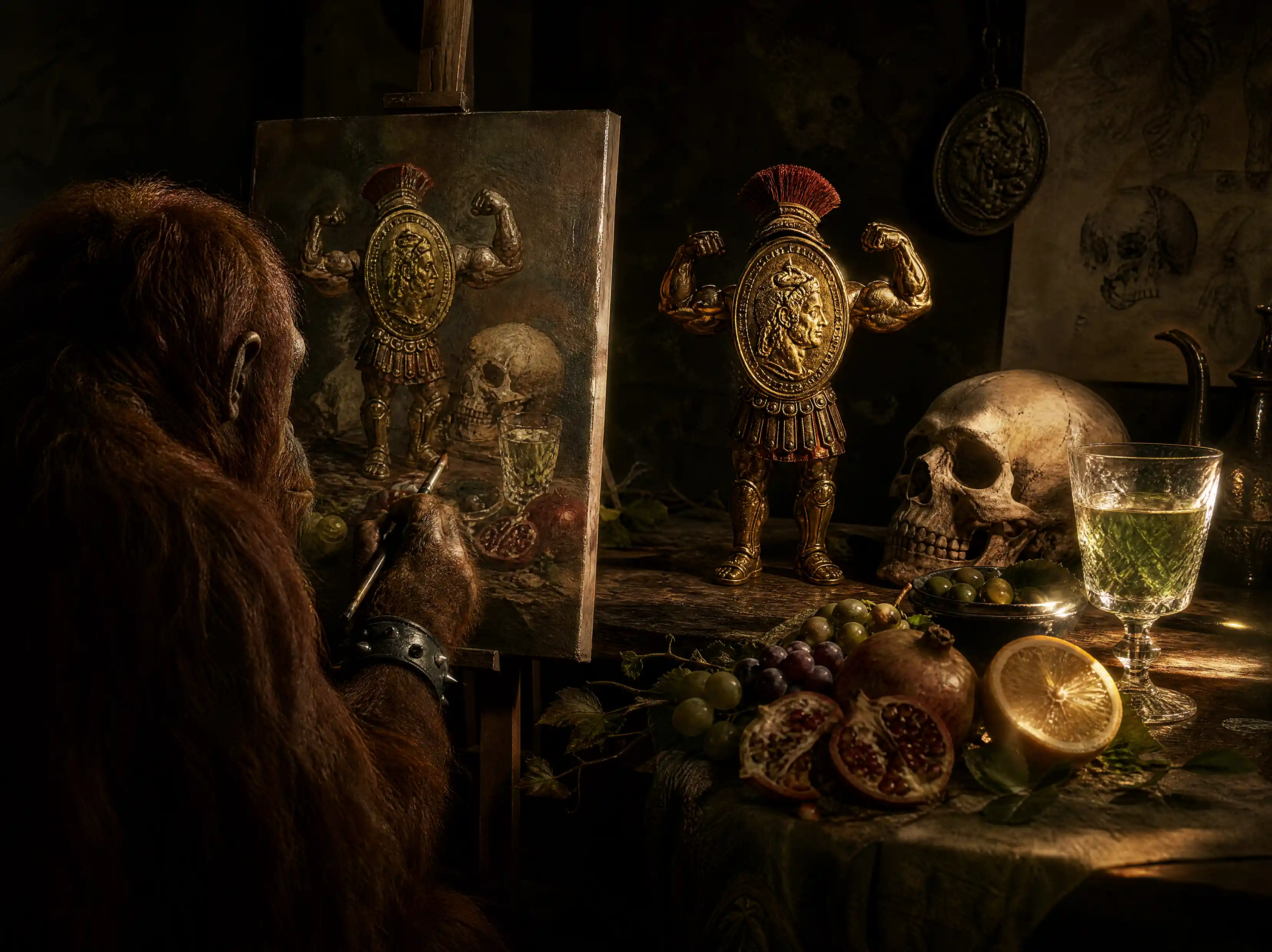 Orangutan Painting At An Easel In Dramatic Warm Light