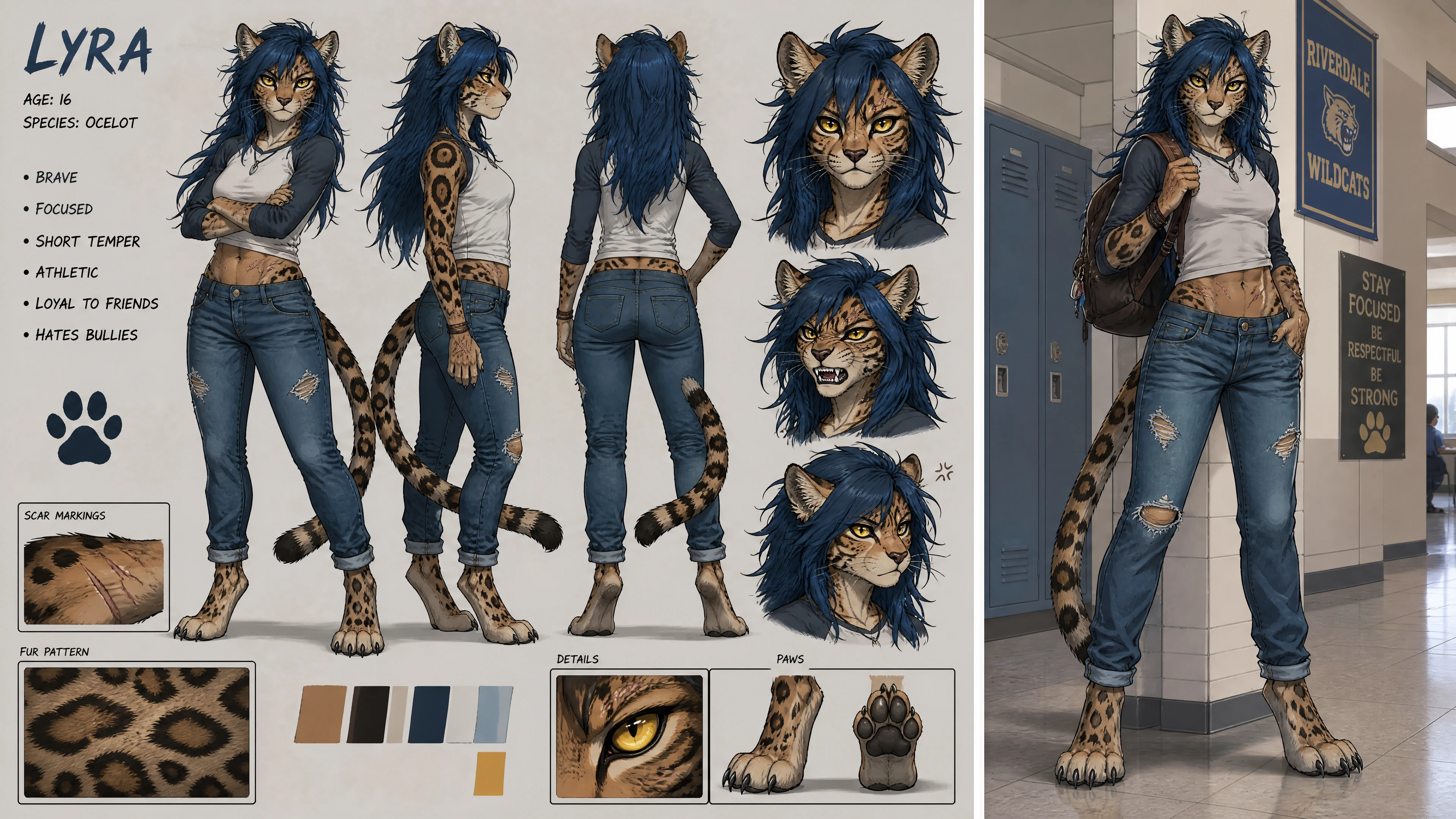 Anthro ocelot schoolgirl with blue hair and jeans