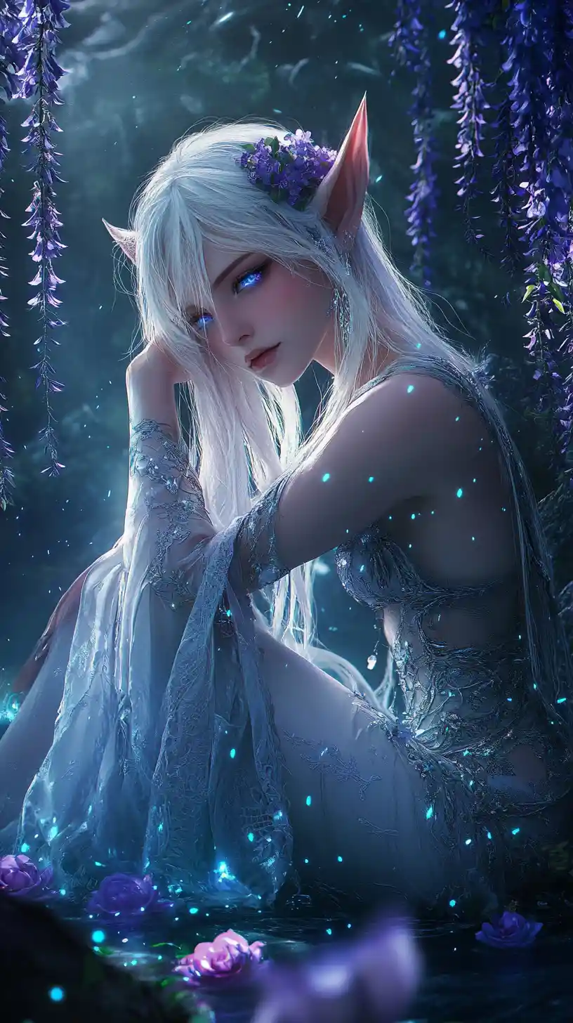 White haired elf girl kneeling amid glowing blue roses