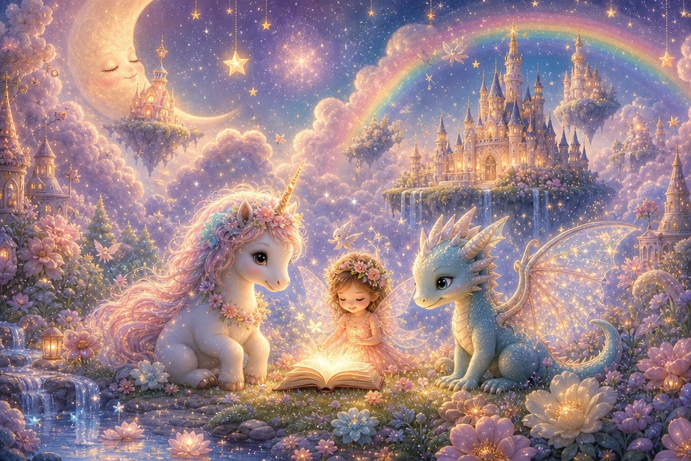 Baby unicorn and friends in a magical nursery meadow