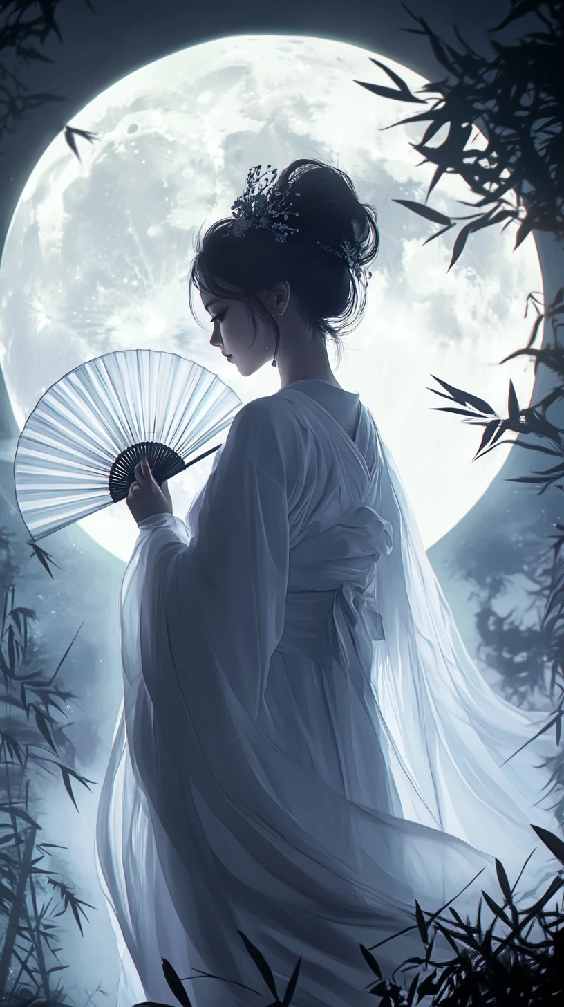 Ethereal woman with fan before a glowing moon