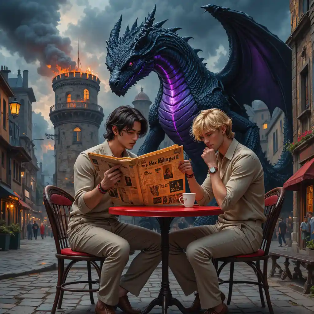 Dark dragon over burning medieval city under stormy sky