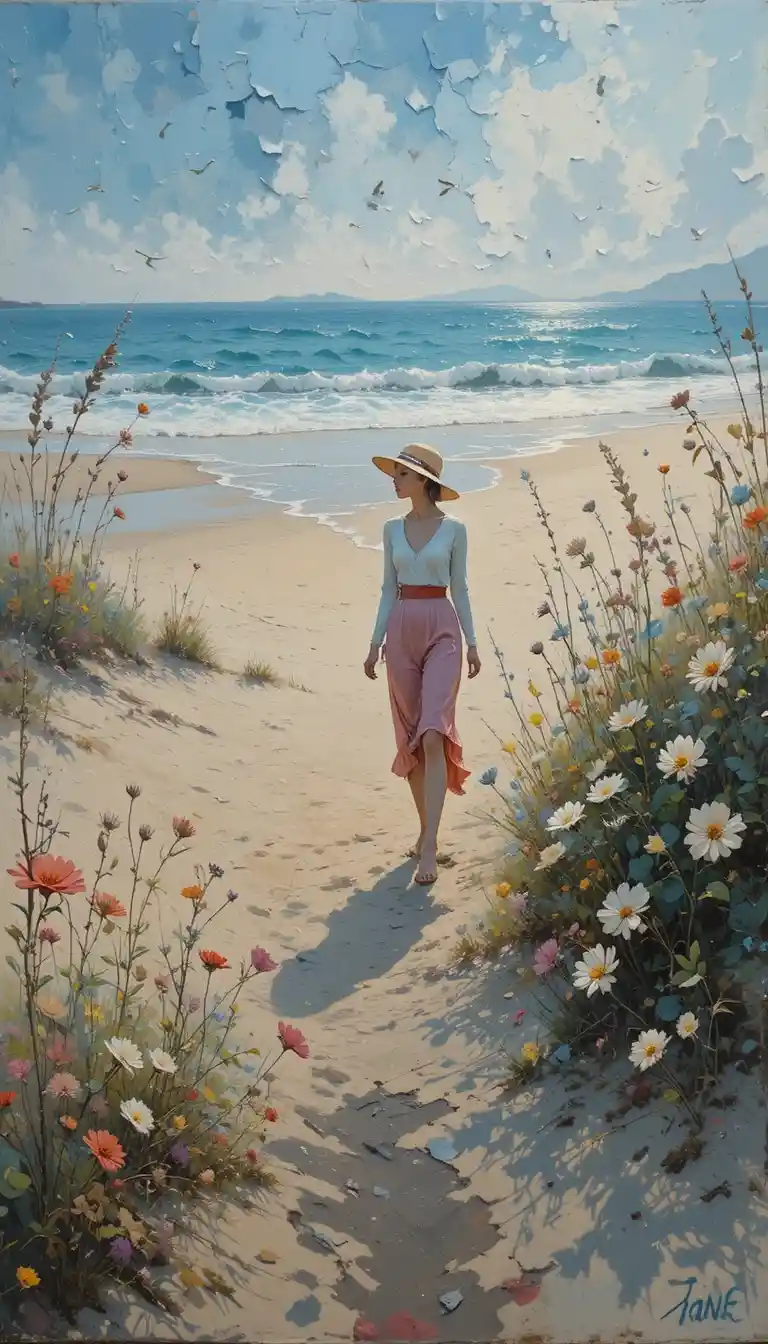 Abstract woman walking on an ethereal beach landscape