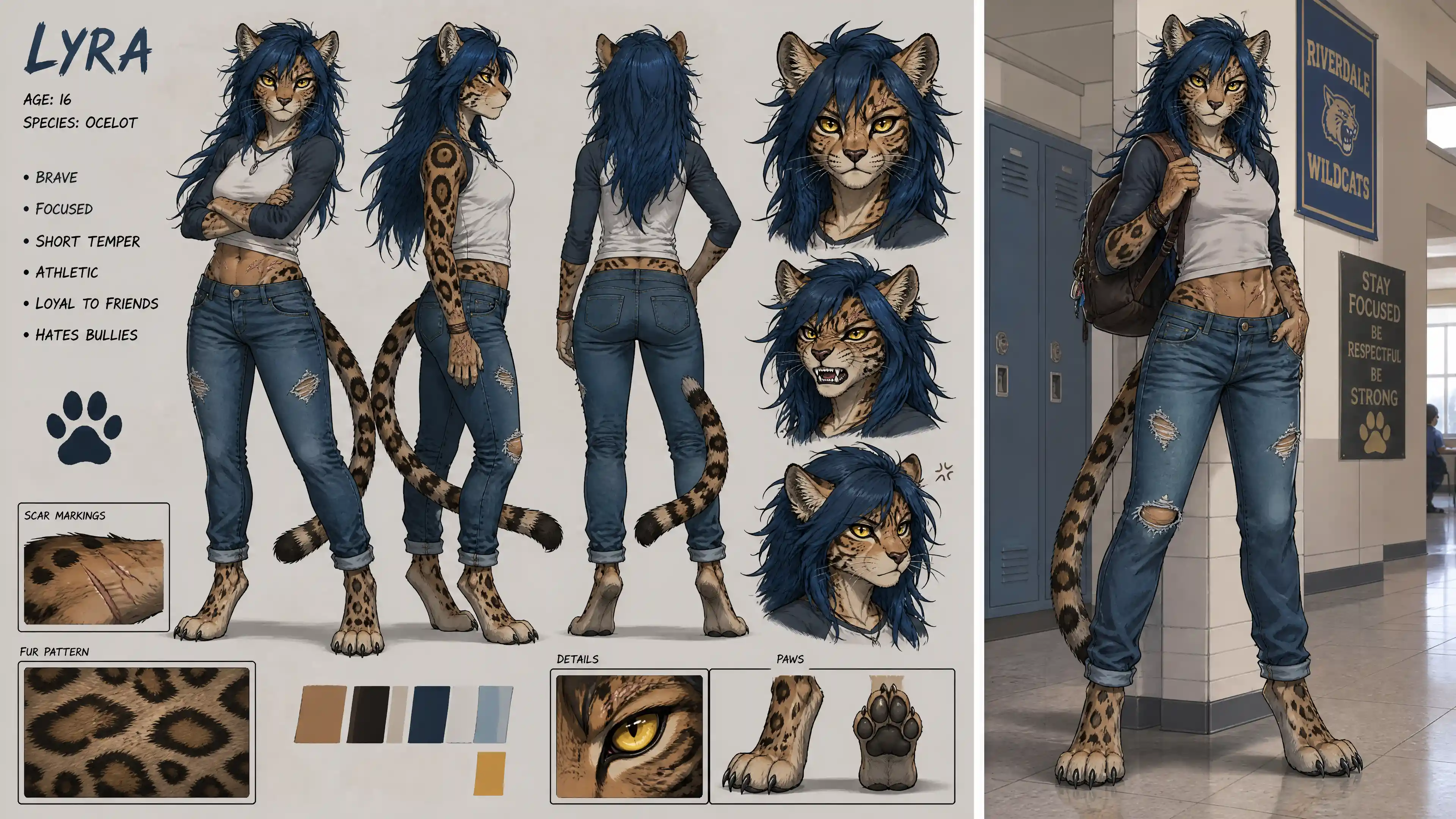 Anthro ocelot schoolgirl with blue hair and jeans