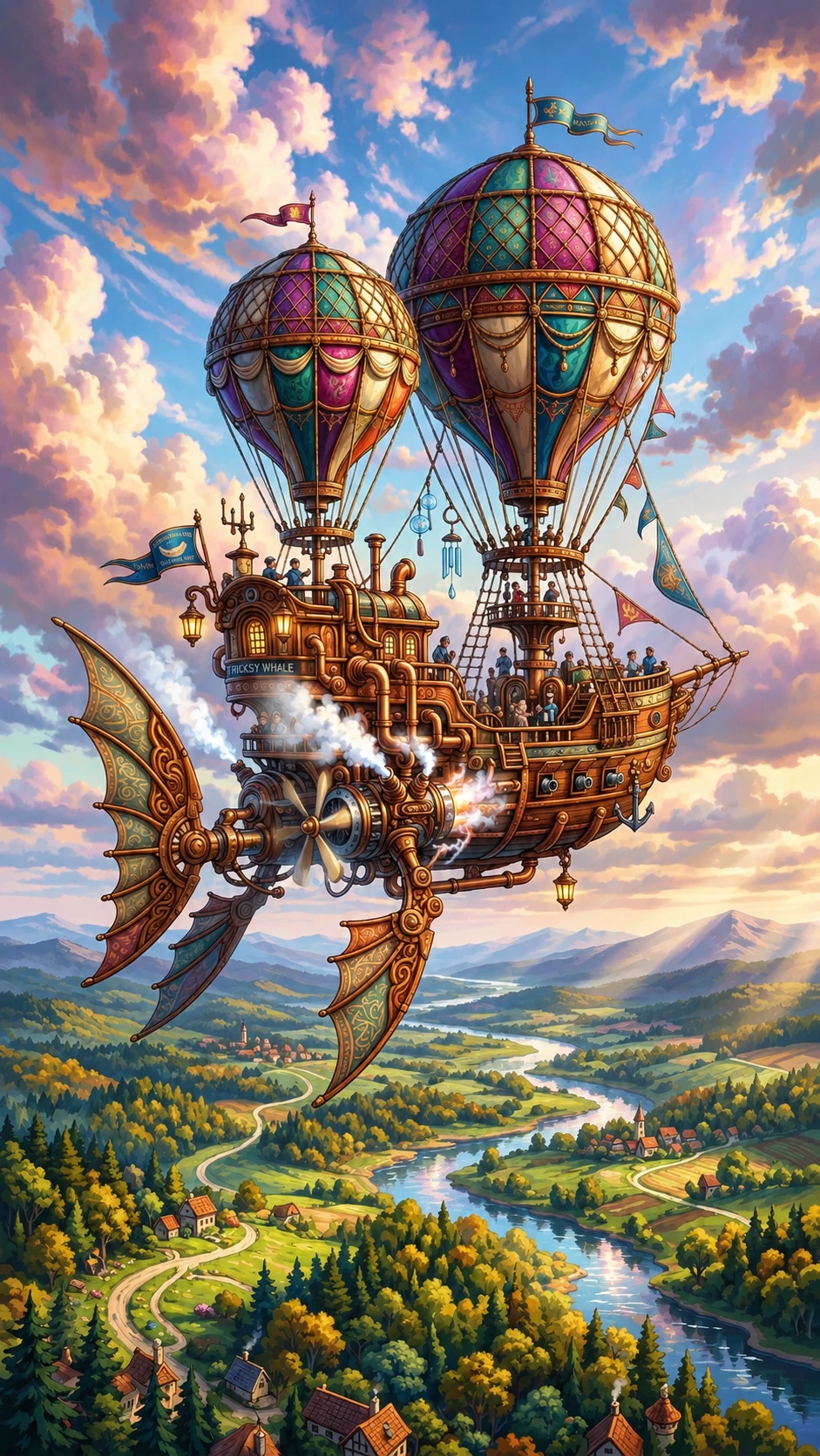 Whimsical Steampunk Airship Over Dreamlike Rolling Landscape