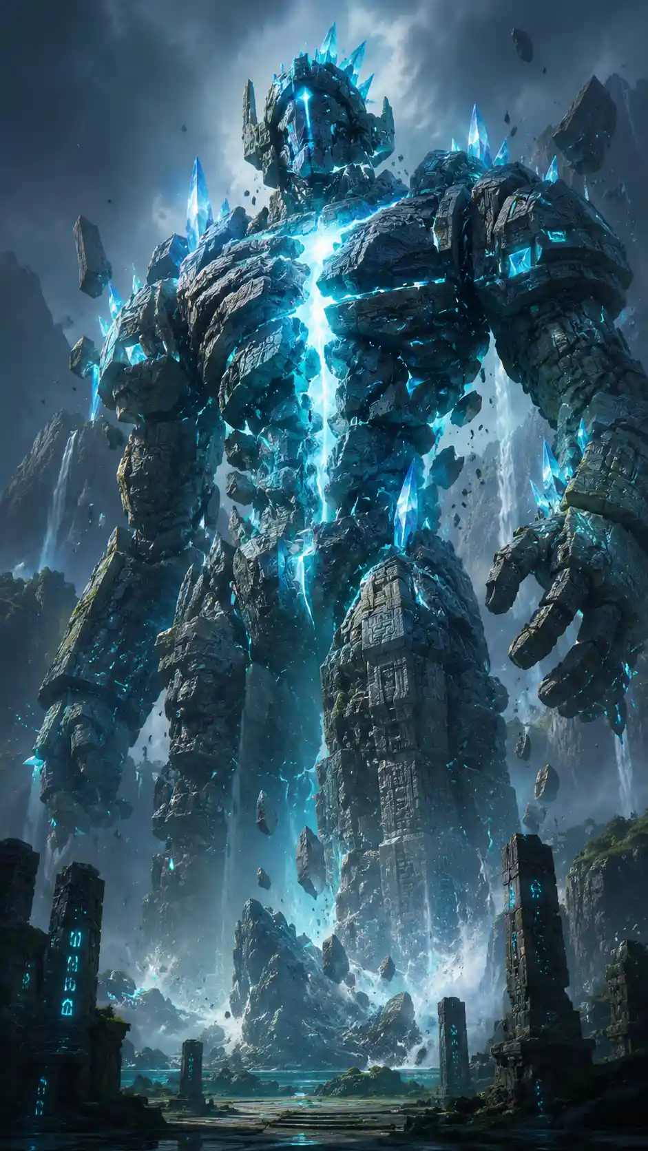 Towering stone golem with glowing crystal veins awakening