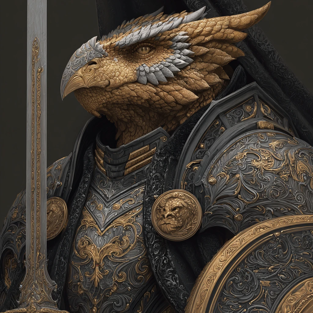 Golden scaled dragonborn paladin in ornate black armor