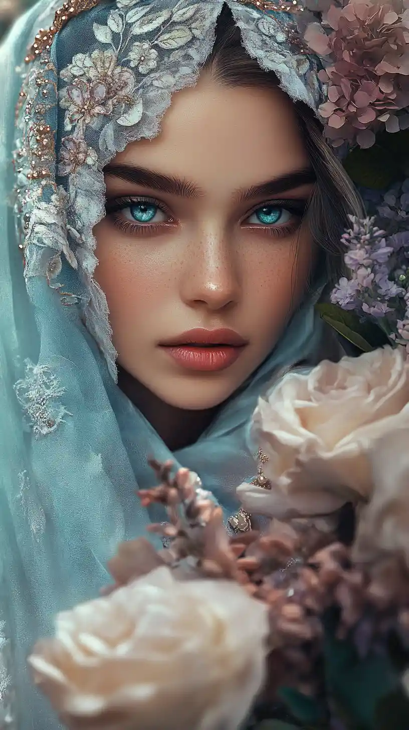 Veiled girl with teal eyes in a dreamy floral garden