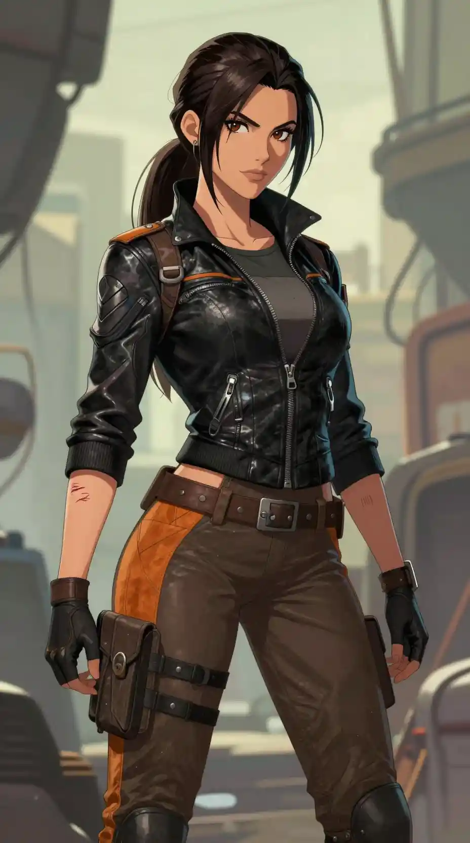 Tech savvy woman in black leather flight jacket with scar