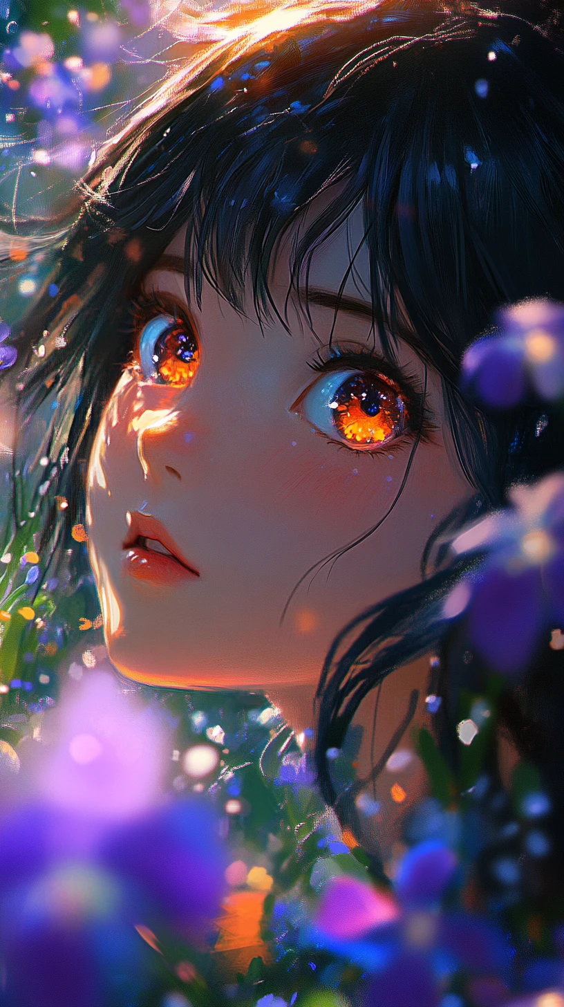 Anime girl portrait in a glowing flower garden