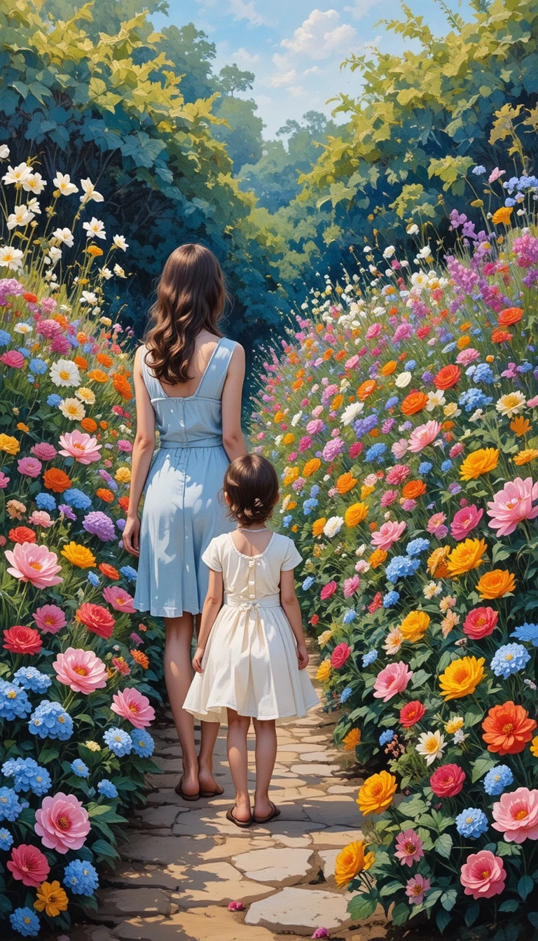 Adult and child in a blooming garden observing delicate flowers