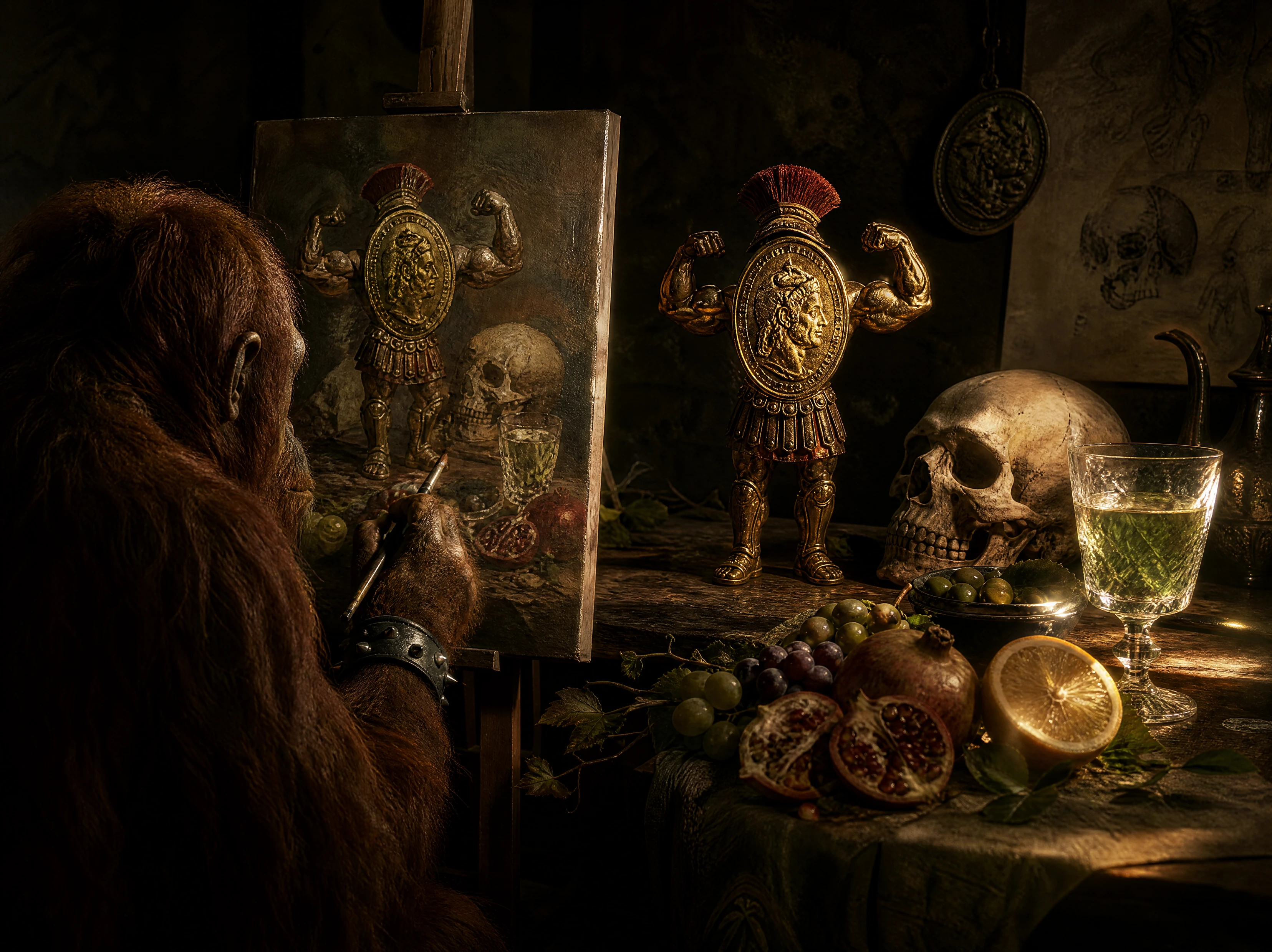 Orangutan Painting At An Easel In Dramatic Warm Light