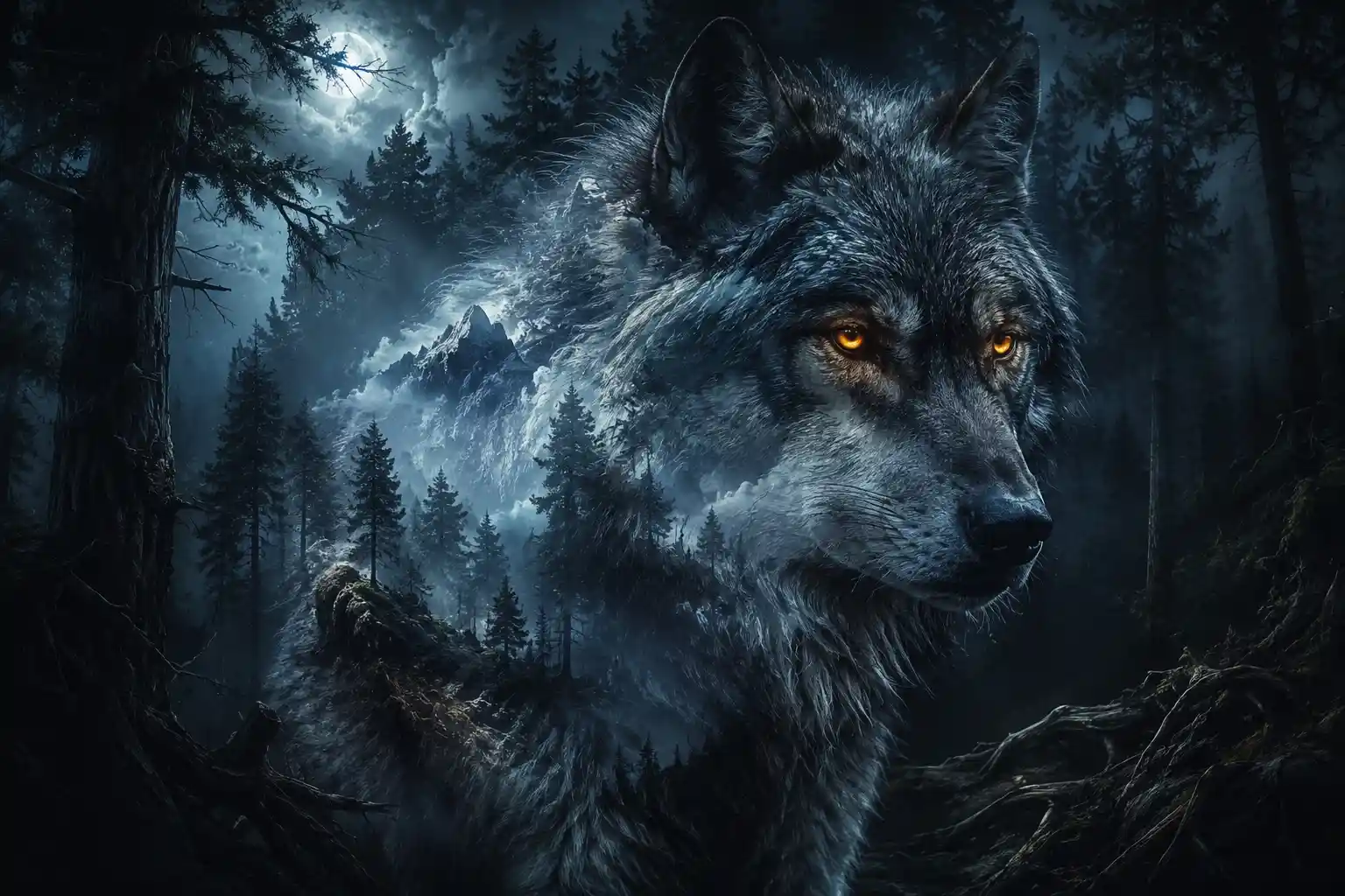 Close up fantasy wolf with glowing eyes in misty forest