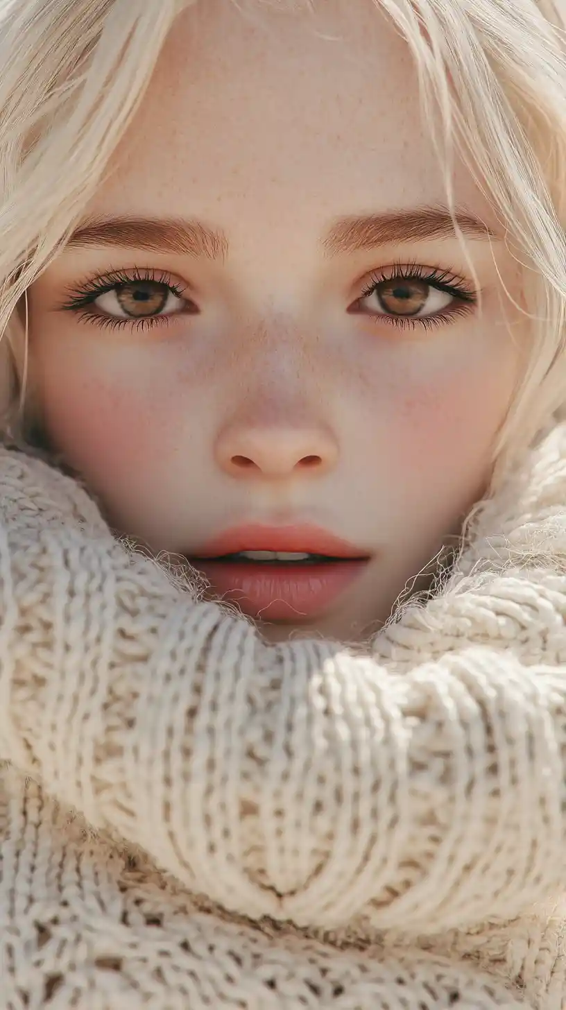 Blonde anime girl in knitwear under striped sunlight