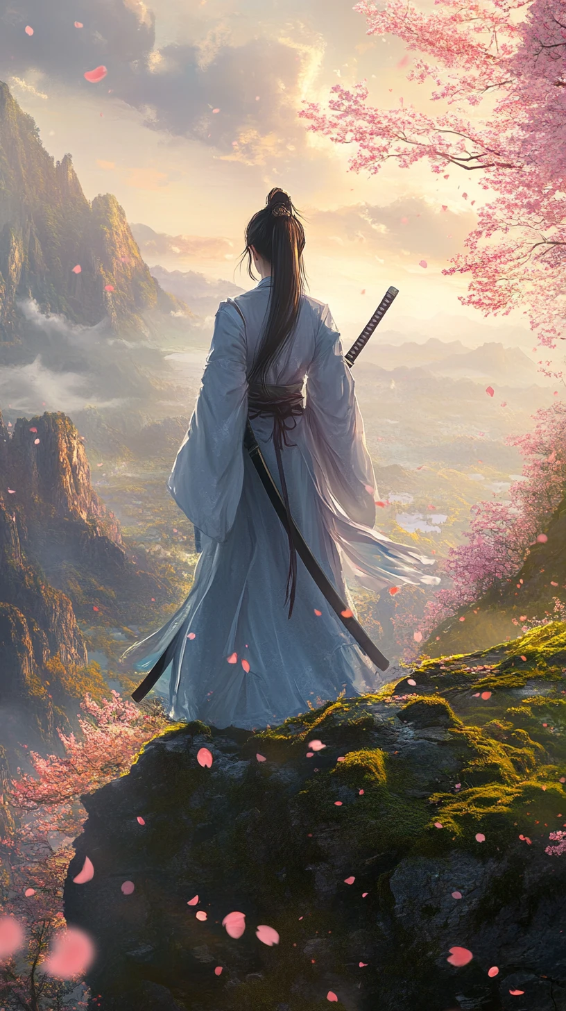 Lone Female Warrior On Cliff At Misty Mountain Sunset