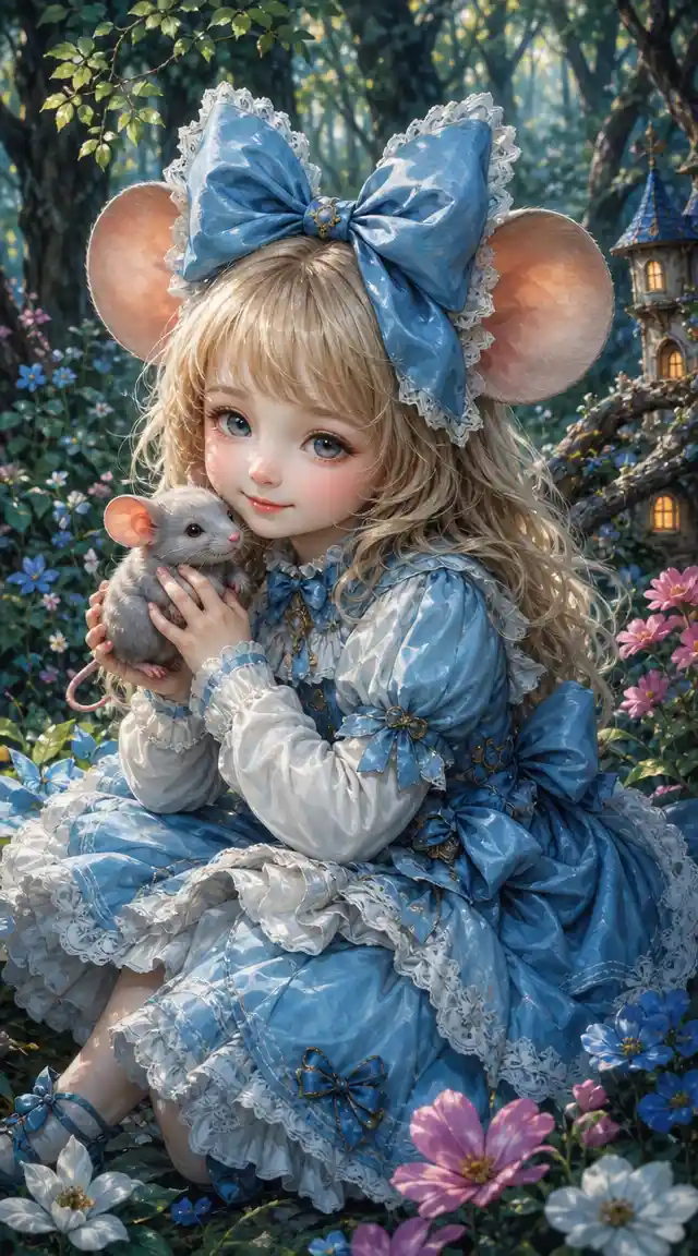 Cute fantasy girl with mouse in a magical forest