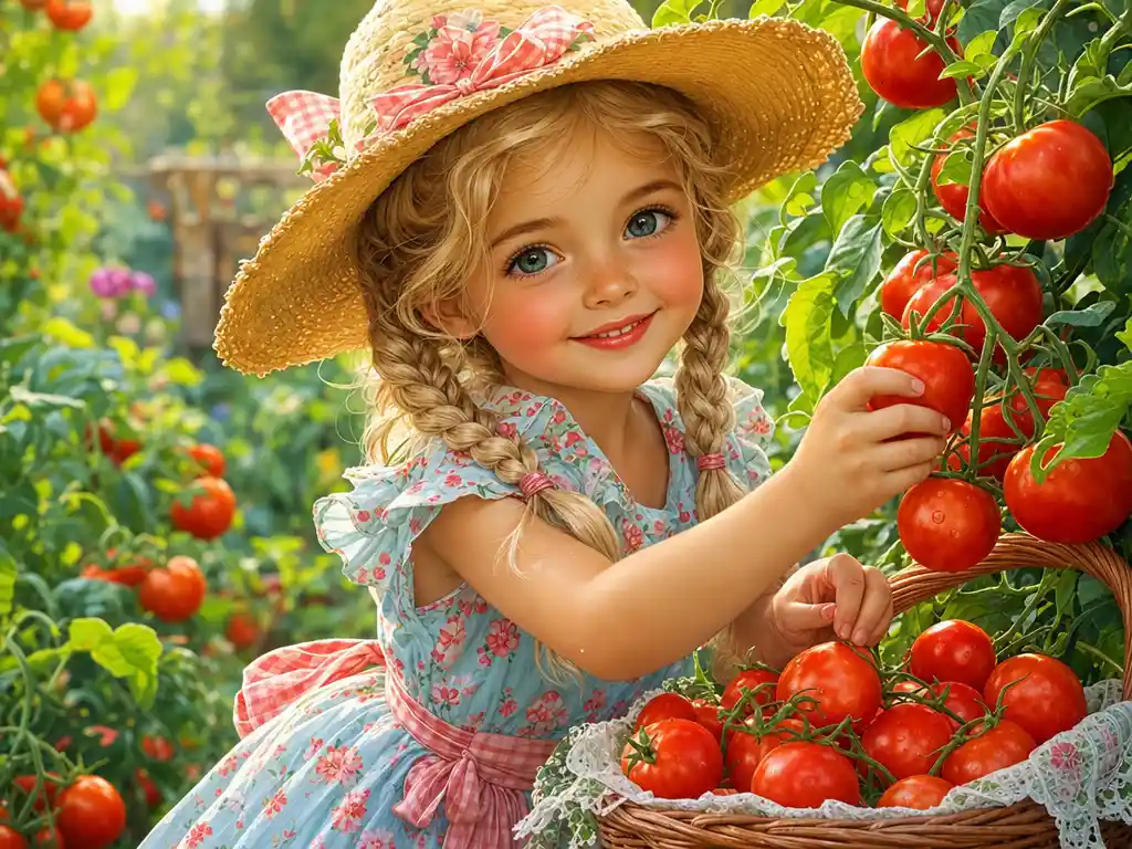 Cute blonde girl harvesting tomatoes in a close up illustration