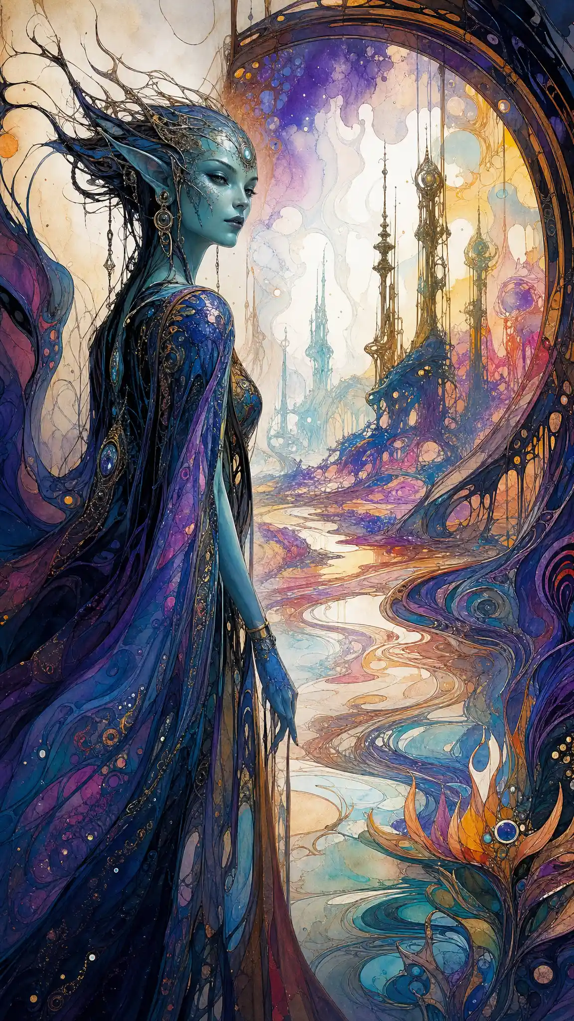 Ethereal alien woman entering a swirling mystical fantasy realm