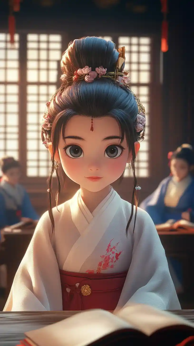 Young girl in white hanfu in a sunlit study