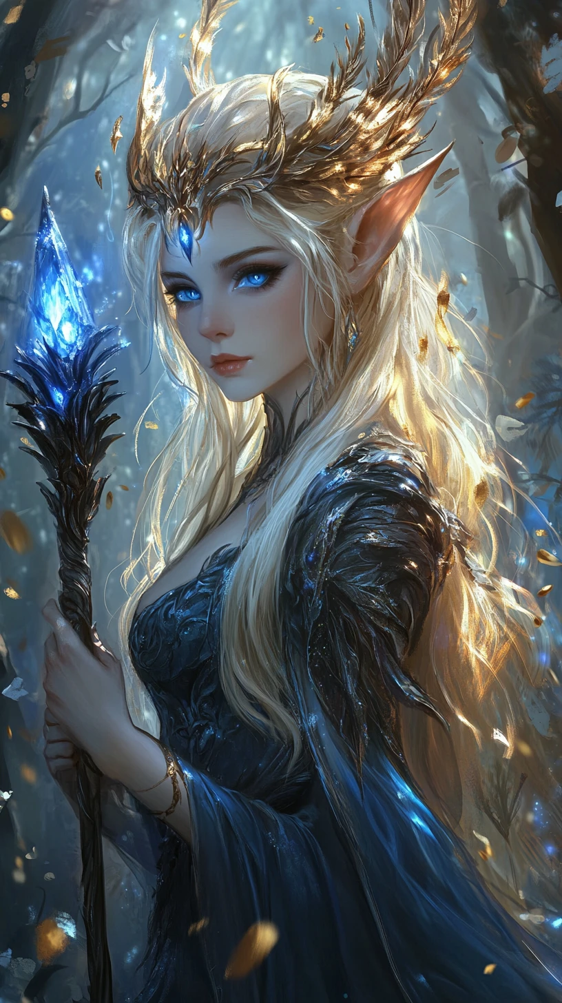 Majestic elf woman in an enchanted twilight forest