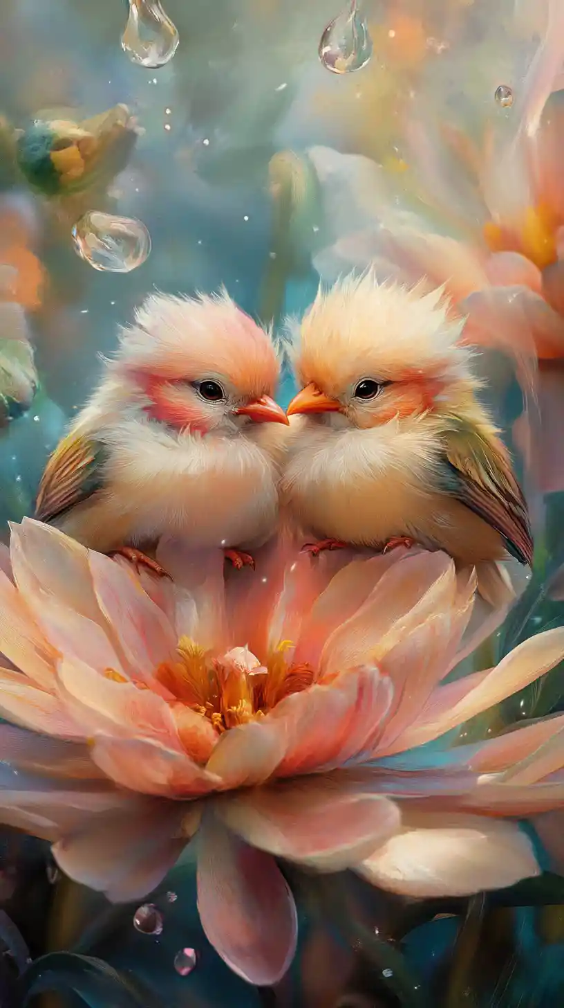 Two fluffy birds cuddling inside a colorful flower